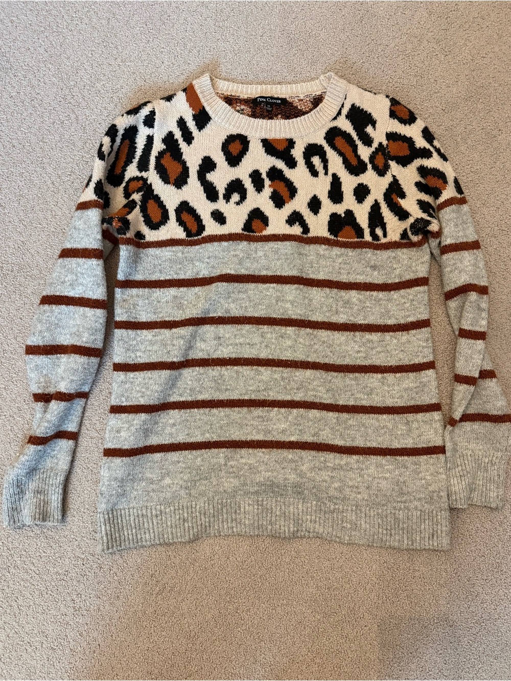 Pink Clover Cozy Chunky Animal-Print Stripe Sweater - Cream, Rust & Black -Sz XS